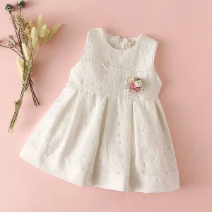 Robe princesse bébé fille robe de fête 1er anniversaire robe blanche sans manches accessoire floral style élégant matériau en coton robe de cérémonie occasion spéciale