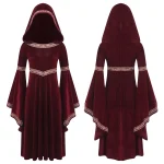 Robe de Princesse Médiévale Cosplay Hood Broderie Velours Burgundy Costume Fête Thématique