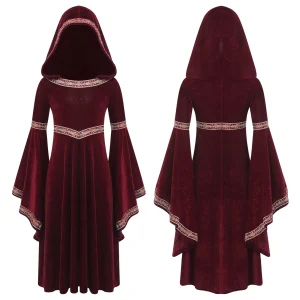 Robe de Princesse Médiévale Cosplay Hood Broderie Velours Burgundy Costume Fête Thématique