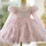 Robe princesse enfant robe cérémonie fille manches bouffantes paillettes col perlé jupe moelleuse vêtement festif anniversaire spectacle mariage