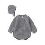 Ensemble bébé 2 pièces barboteuse et chapeau tricot manches longues doux peau 018 mois printemps automne gris