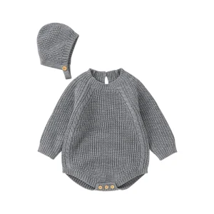 Ensemble bébé 2 pièces barboteuse et chapeau tricot manches longues doux peau 018 mois printemps automne gris