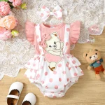 Robe salopette nounours brodée pour bébé fille motif pois rose manches volantes barrette assortie en coton doux idée cadeau naissance ou baptême