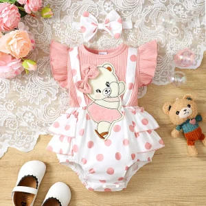 Robe salopette nounours brodée pour bébé fille motif pois rose manches volantes barrette assortie en coton doux idée cadeau naissance ou baptême Robe salopette nounours brodée pour bébé fille motif pois rose manches volantes barrette assortie en coton doux idée cadeau naissance ou baptême