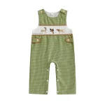 Salopette bébé brodée d&rsquo;animaux style casual tissu coton motif à carreaux vert unisexe 46 ans