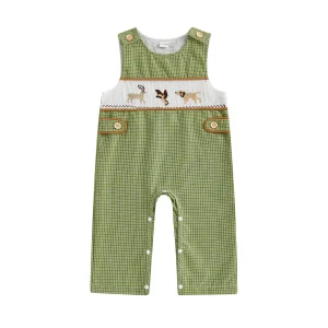 Salopette bébé brodée d&rsquo;animaux style casual tissu coton motif à carreaux vert unisexe 46 ans