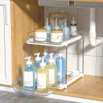 Organisateur transparent sous évier 2 niveaux rangement cuisine salle bain design moderne fonctionnel avec séparateurs ajustables en plastique et métal