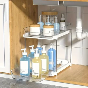 Organisateur transparent sous évier 2 niveaux rangement cuisine salle bain design moderne fonctionnel avec séparateurs ajustables en plastique et métal