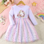 Robe de soirée licorne pour filles manches longues imprimé arcenciel robe princesse printempsautomne vêtements enfants mode noël