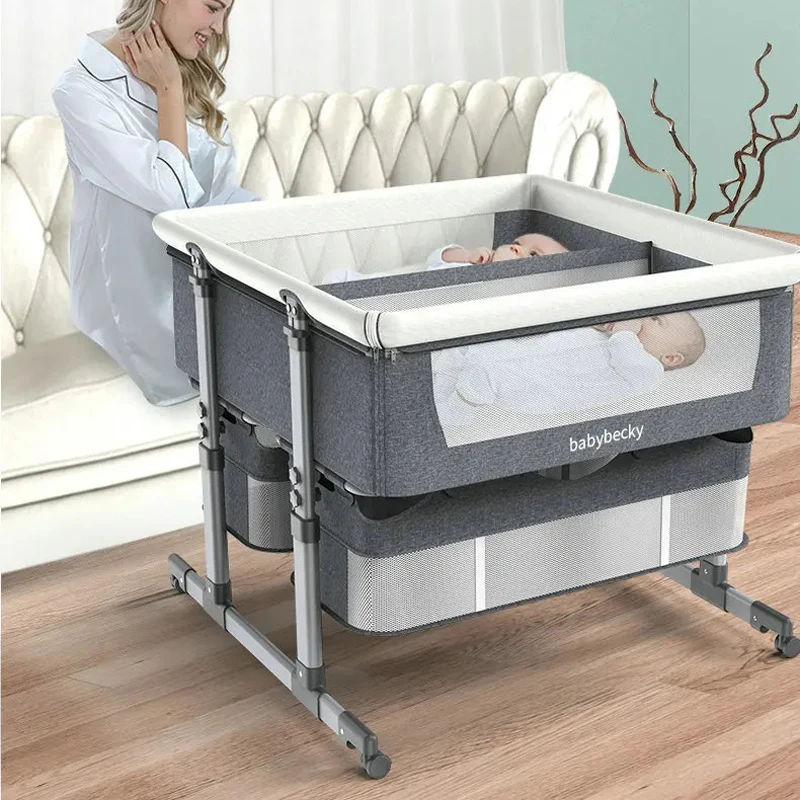 Lit bébé cosleeping double avec séparateur central amovible et filet respirant en métal et tissu gris