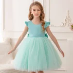 Robe de soirée bébé fille nœud dos tutu maille perles couleur cyan robe mariée anniversaire