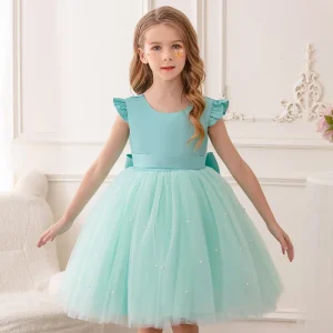 Robe de soirée bébé fille nœud dos tutu maille perles couleur cyan robe mariée anniversaire