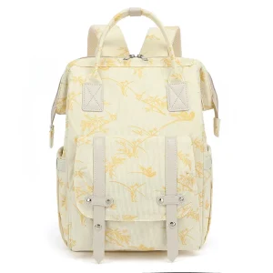 Sac à dos maman multifonctionnel maternité pratique élégant tissu côtelé floral beige jaune accessoires inclus design moderne