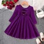 Robe de Princesse en Velours pour Fille 46 Ans Tenue de Fête Élégante Manches Longues Décolleté Carré Nœuds Décoratifs dos Couleur Violet Profond