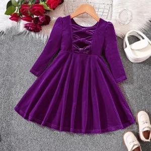 Robe de Princesse en Velours pour Fille 46 Ans Tenue de Fête Élégante Manches Longues Décolleté Carré Nœuds Décoratifs dos Couleur Violet Profond