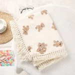 Couverture en mousseline de coton pour bébé nouveauné pompon réception emmaillotage fille garçon serviette de bain trucs pour bébé 120x100cm  Beige Bear