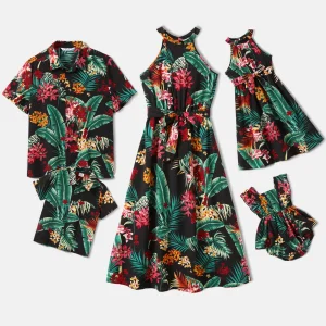 Ensemble floral famille été robe longue femme chemise homme robe enfant accessoires assortis style tropical vêtements coordonnés été