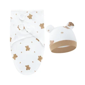 Ensemble emmaillotage et bonnet bébé doux coton nouveauné couverture peluche étoiles blanc beige Ensemble emmaillotage et bonnet bébé doux coton nouveauné couverture peluche étoiles blanc beige