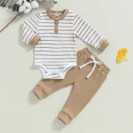 Ensemble 2 pièces barboteuse et pantalon bébé garçon 024 mois manches longues imprimé rayé vêtements chauds printemps automne