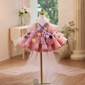 Robe élégante pour filles robe de princesse à fleurs robe de concours pour fêtes d&rsquo;anniversaire tenue d&rsquo;hôte de Recital de Piano costumes pour enfants  Rose