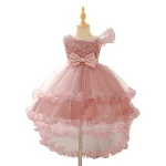Robe princesse fille occasion spéciale tulle perlé asymétrique rose pastel détails nœud mariage anniversaire