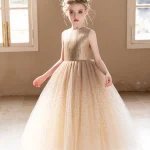 Robe de princesse pour filles haut de gamme Champagne à paillettes pour fête d&rsquo;anniversaire mariage jupe bouffante en gaze robes de demoiselle d&rsquo;honneur