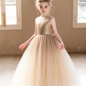 Robe de princesse pour filles haut de gamme Champagne à paillettes pour fête d&rsquo;anniversaire mariage jupe bouffante en gaze robes de demoiselle d&rsquo;honneur