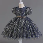 Robe princesse manches courtes filles tenue mariage scintillante robe spectacle étoiles style été enfants 38 ans  Bleu foncé