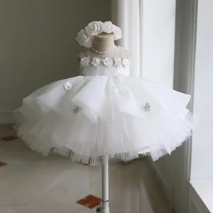 Robe de cérémonie pour enfant princesse tulle fleurs anniversaire mariage baptême accessoires enfants 46 ans robe longueur genou style Aline blanc pur style romantique