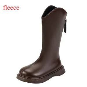 Botte d&rsquo;hiver pour enfant fille antiglissante avec fermeture éclair latérale en cuir synthétique coloris marron foncé