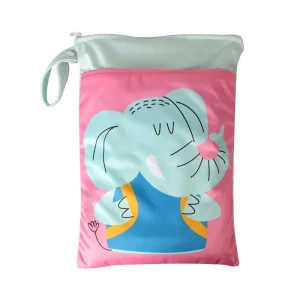 Sac à langer portable pour enfant sac de rangement écofriendly avec illustration d&rsquo;éléphant design cartoon couleur pastel fermeture éclair dimensions pratiques