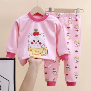 Pyjama bébé fille 2 pièces tissu coton élastique waist motif chat enfant printemps hiver mode confortable qualité supérieure