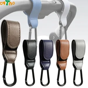 Crochet poussette en cuir PU_ovino_accessoire bébé voyage sécurisé_mousqueton métal_réglable_sac à langer enfant garçon fille