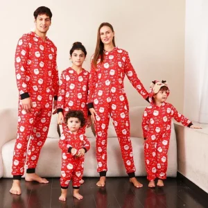 Tenues de Noël assorties pour la famille pyjamas pour adultes et enfants imprimé bonhomme de neige oreille de cerf combinaison à capuche chaud doux barboteuse de Noël 1 pièce  Red