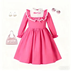 Robe princesse fuchsia printemps automne filles manches longues col volants nœud style vintage doux confortable 46 ans Robe princesse fuchsia printemps automne filles manches longues col volants nœud style vintage doux confortable 46 ans