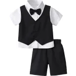 Ensemble costume bébé garçon formel 3 pièces coton noir chemise gilet short mariage anniversaire occasion spéciale