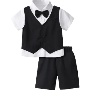 Ensemble costume bébé garçon formel 3 pièces coton noir chemise gilet short mariage anniversaire occasion spéciale Ensemble costume bébé garçon formel 3 pièces coton noir chemise gilet short mariage anniversaire occasion spéciale
