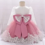 Robe de baptême fille tenue cérémonie enfant robe de fête bébé fille style romantique dentelle et tulle nœud Perlé longueur plancher fermeture dos robe élégante pour baptême communion anniversaire