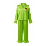 Pyjama Noel maman et moi ensembles assortis fourrure imitation verte manches longues col V boutons pantalon elastique confort style moderne