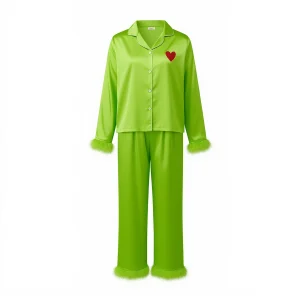 Pyjama Noel maman et moi ensembles assortis fourrure imitation verte manches longues col V boutons pantalon elastique confort style moderne