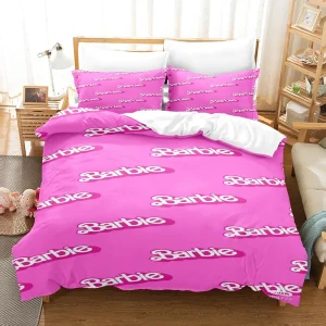 Ensemble de literie Barbie imprimé logo design coloré housse de couette et taies d&rsquo;oreiller assorties literie confortable pour chambre d&rsquo;enfant ou ado lavable en machine