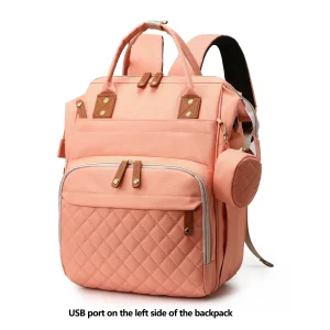 Sac à dos multifonction pour voyage grande capacité style élégant polyester et simili cuir rose pâle et brun_USB intégré poche avant zippée pochette détachable idéal portage bébé sac à langer sac à dos maternité Sac à dos multifonction pour voyage grande capacité style élégant polyester et simili cuir rose pâle et brun_USB intégré poche avant zippée pochette détachable idéal portage bébé sac à langer sac à dos maternité