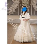 Robe demoiselle d&rsquo;honneur personnalisée pour mariage tulle col haut manches courtes plissé 高腰 style bal occasion spéciale enfant