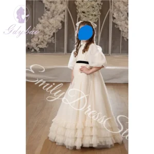 Robe demoiselle d&rsquo;honneur personnalisée pour mariage tulle col haut manches courtes plissé 高腰 style bal occasion spéciale enfant