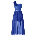 Robe de soirée élégante pour filles tenue mariage anniversaire bal paillettes perles dentelle mousseline design asymétrique fleur épaule royal blue