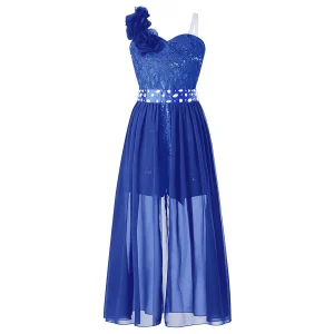 Robe de soirée élégante pour filles tenue mariage anniversaire bal paillettes perles dentelle mousseline design asymétrique fleur épaule royal blue