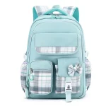 Sac à dos enfant design écolier tissu synthétique bleu turquoise motifs carreaux poches multiples fonctionnel moderne style jeune idéal école quotidien décontracté