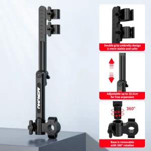 Support parasol voiture vélo poussette extensible rotatif compact en acier noir pour bébé usage outdoor design moderne sécurité