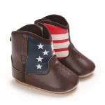 Bottines cowboy bébé style western  Chaussures première marche semelles souples  Étanche non  Design patriotique  Taille 01 ans