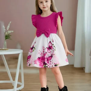 Robe rose à volants pour fille : tenue de soirée florale papillon avec nœud décoratif DD081B Robe rose à volants pour fille : tenue de soirée florale papillon avec nœud décoratif DD081B